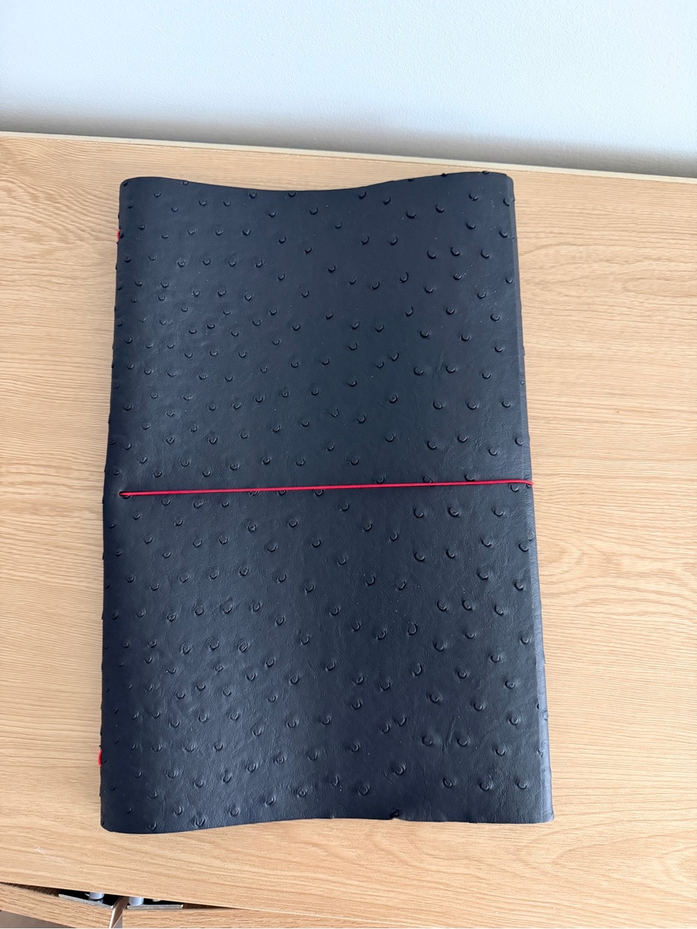 Black Faux Ostrich Leather Notebook with Red Elastic